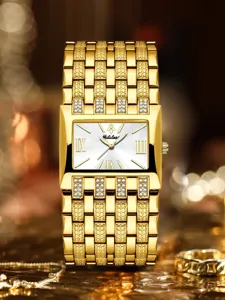 Lujoso reloj de cuarzo rectangular dorado para mujer con detalles de pulsera brillante.