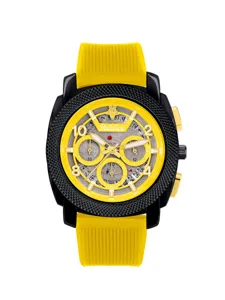 Men's yalalusi quartz watch with bold yellow strap, large black bezel, and chronograph dial details.