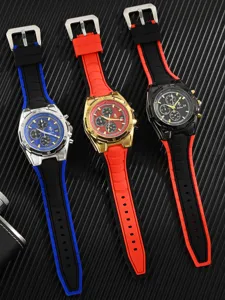 Reloj de cuarzo para hombre con esfera de seis agujas, correa de silicona y colores vivos.