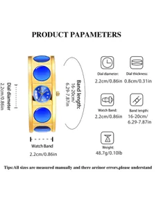 Detailed specification chart showing dial diameter, thickness, and band length for women watch.