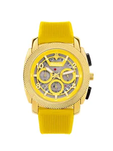 Men's gold quartz sports watch with vibrant yellow textured strap and chronograph dial.