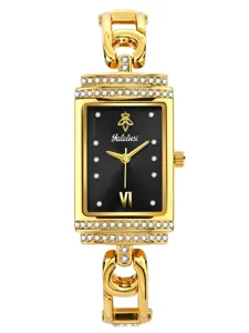 Luxury women quartz watch with rectangular gold case, black diamond dial and stylish chain strap.
