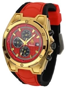 Reloj deportivo de cuarzo para hombre con caja dorada, esfera roja negra y correa silicona.