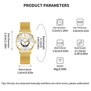 Reloj de cuarzo mujer correa malla dorada lujo moda elegante con calendario y esfera.