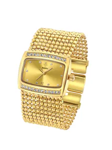 Yalalusi women luxury rhinestone quartz watch with gold beaded strap and bee dial detail.