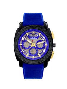Men's quartz sports watch with large dial, blue silicone strap, and stylish chronograph design.