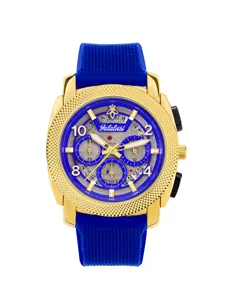 Men's luxury quartz watch with large blue dial, gold case and comfortable blue rubber strap.