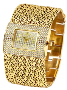 Goldene Damen-Armbanduhr im Detail mit breitem geflochtenem Band und funkelnder Strass-Lünette.