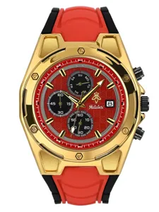 Reloj de cuarzo para hombre de lujo con correa de silicona roja y caja dorada elegante.