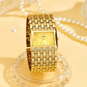 Reloj mujer lujo esfera cuadrada dorada con correa eslabones pedreria brillante elegante