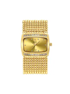 Yalalusi luxury gold women watch with rhinestone bezel and unique beaded metal strap design.