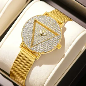 Reloj cuarzo mujer triángulo estrías oro elegante correa malla lujo brillante