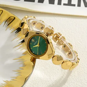 Elegant gold-toned women's quartz watch featuring a striking green dial and unique bezel.