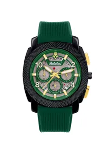 Detail view of the men's green silicone strap quartz watch with large dial and chrono.
