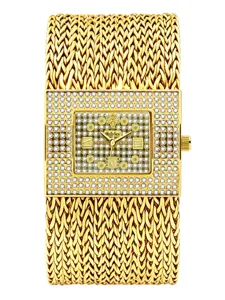 Luxus goldene quadratische Damen Armbanduhr mit Strass und geflochtenem Mesh Armband.
