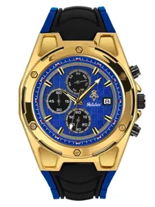 Reloj deportivo de cuarzo para hombre de lujo con caja dorada, esfera azul y correa de silicona.