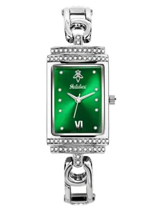 Elegant green dial rectangular quartz women watch with crystal bezel and chain bracelet.