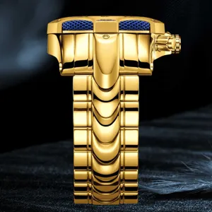 Reloj de hombre de oro de lujo con textura de bisel azul y correa metálica, gran esfera elegante
