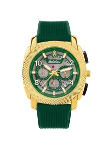 Yalalusi mens luxury quartz watch with green rubber strap gold case sports chronograph