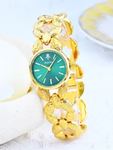 Orologio donna oro quadrante verde bracciale foglia unico elegante orologio al quarzo.