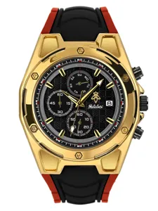 Reloj de cuarzo de lujo para hombre con caja dorada, correa de silicona negro rojo y cronógrafo.