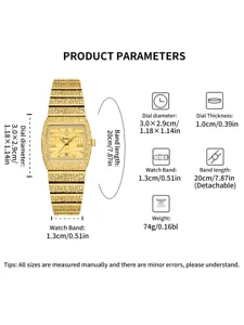 Yalalusi montre quartz femme carrée or de luxe schéma des spécifications avec dimensions.