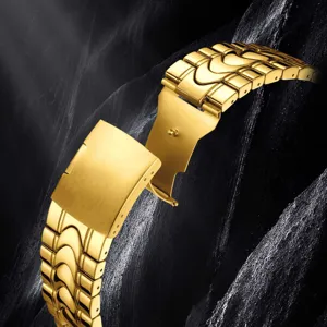 Correa de reloj de metal dorado de repuesto con cierre desplegable para hombres.
