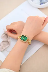 Elegant green dial square rhinestone women watch with gold finish for daily luxury wear.