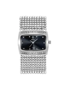 Elegant silver rhinestone women watch with unique bead strap and rectangular dial for daily wear.