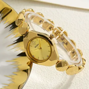 Luxury gold women's quartz watch with elegant geometric bracelet and unique dial detail.