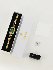 Yalalusi women's square quartz watch with green dial, crystal bezel, and gold bracelet strap.
