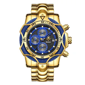 Reloj cronógrafo de hombre dorado Yalalusi grande con bisel azul y esfera negra elegante