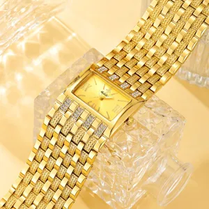 Lujo reloj mujer esfera cuadrada dorada con pedreria brillante y elegante correa metalica.