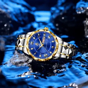 Herren Business Quarzuhr mit blauem Zifferblatt goldener Lünette zweifarbiges Armband wasserdicht