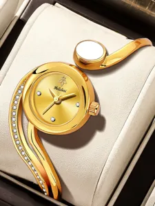 Yalalusi luxury gold bangle watch for women with sparkling rhinestone curved strap dial design
