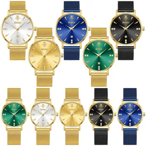 Set de reloj de cuarzo para mujer de lujo con correa de malla metálica y fecha en colores.