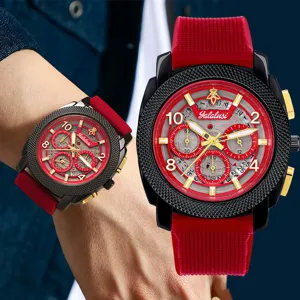 Yalalusi men quartz watch big dial sports chronograph calendar red silicone strap