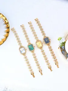 Women rhinestone square dial gold watch luxury elegant pearl shell wristwatch new