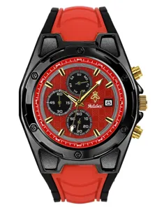 Reloj deportivo cuarzo hombre con correa silicona roja, cronógrafo seis agujas y diseño de bisel negro.
