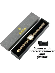 Luxury gold square dial women watch with rhinestone geometric bracelet, gift box and tool included.
