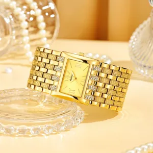 Reloj de pulsera para mujer esfera cuadrada dorada de lujo con correa de strass brillante