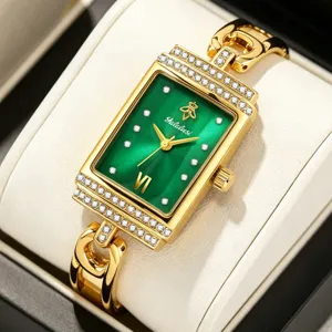Luxury women's rectangular quartz watch with green dial, rhinestone bezel and gold bracelet.