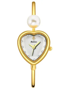 Gold heart-shaped dial pearl bangle watch for women elegant quartz wristwatch jewelry gift