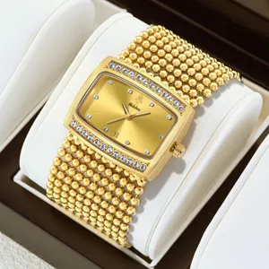 Women's Fashion Rhinestone Quartz Watch Luxury Alloy Bead Chain Strap Rectangular Dial Waterproof Casual Wristwatch