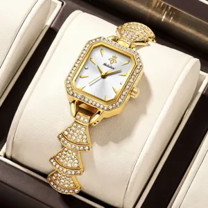 Women Quartz Wristwatch Luxury Alloy Square Dial Rhinestone Inlaid Water Resistant Fashion Casual Dress Wrist Watch