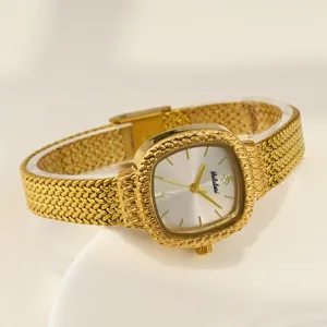 Goldene Damenarmbanduhr mit Netzarmband luxuriöse elegante Quarzuhr mit weißem Zifferblatt