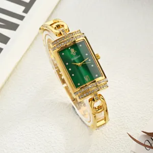 Fashion women's quartz watch with green rectangular dial, diamond bezel, and chic chain strap.