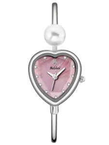 Silver bangle watch for women with pink heart dial pearl decor and elegant quartz design