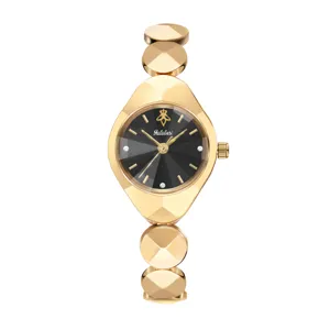 Luxury gold women quartz watch with black dial and geometric faceted bracelet design.