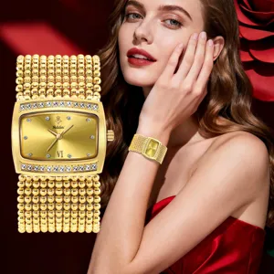 Yalalusi women's gold tone luxury watch with rhinestones and beaded metal strap fashion.